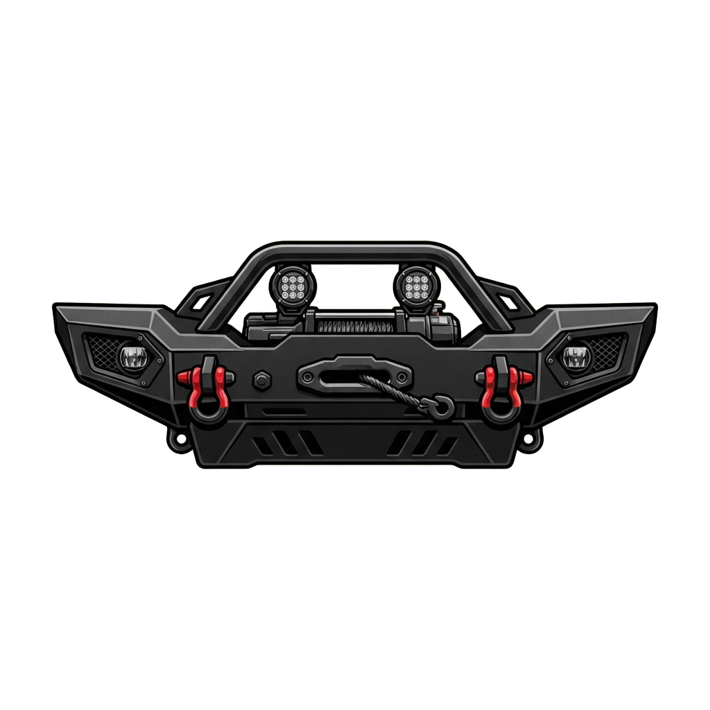 Black steel offroad vehicle front bumper featuring LED lights and red tow hooks