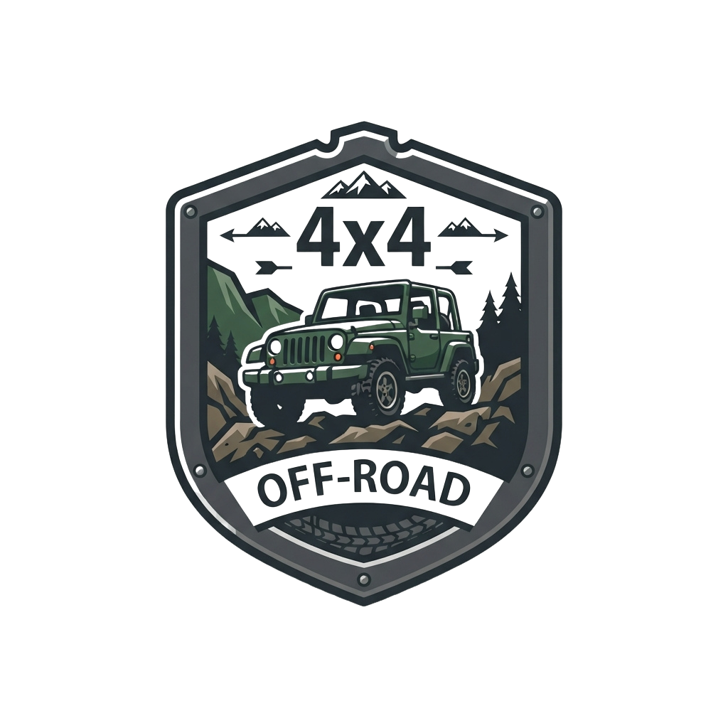 A shield emblem featuring a green 4x4 vehicle driving off-road on rocky terrain with mountains in the background and text 4x4 Off-Road.