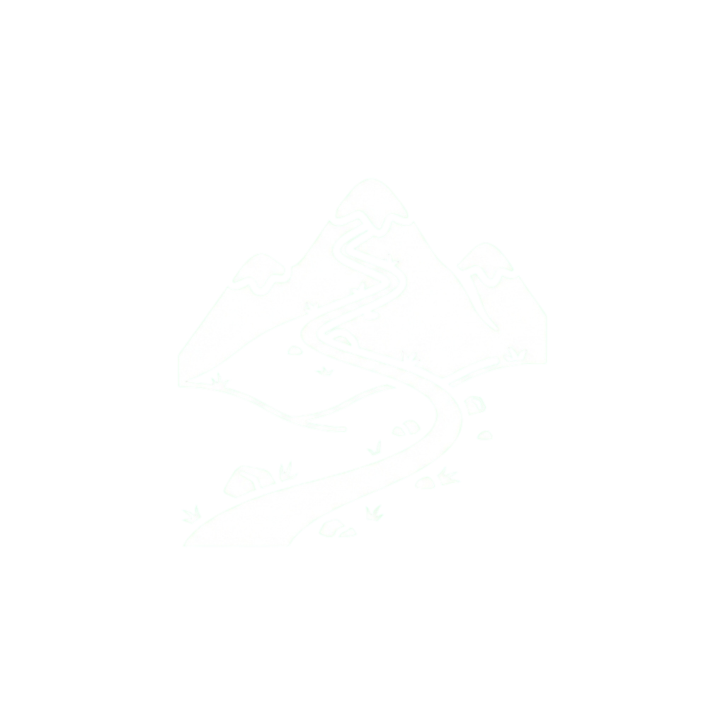 A stylized black and white illustration of a winding mountain trail with snow-covered peaks.