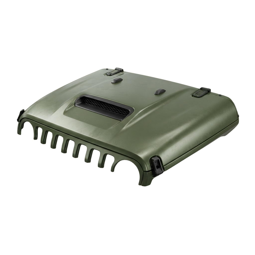 Olive green vehicle roof rack cover with ventilation holes and side clips