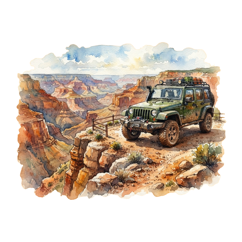 A green off-road jeep parked on rocky terrain with a scenic canyon landscape in the background under a partly cloudy sky