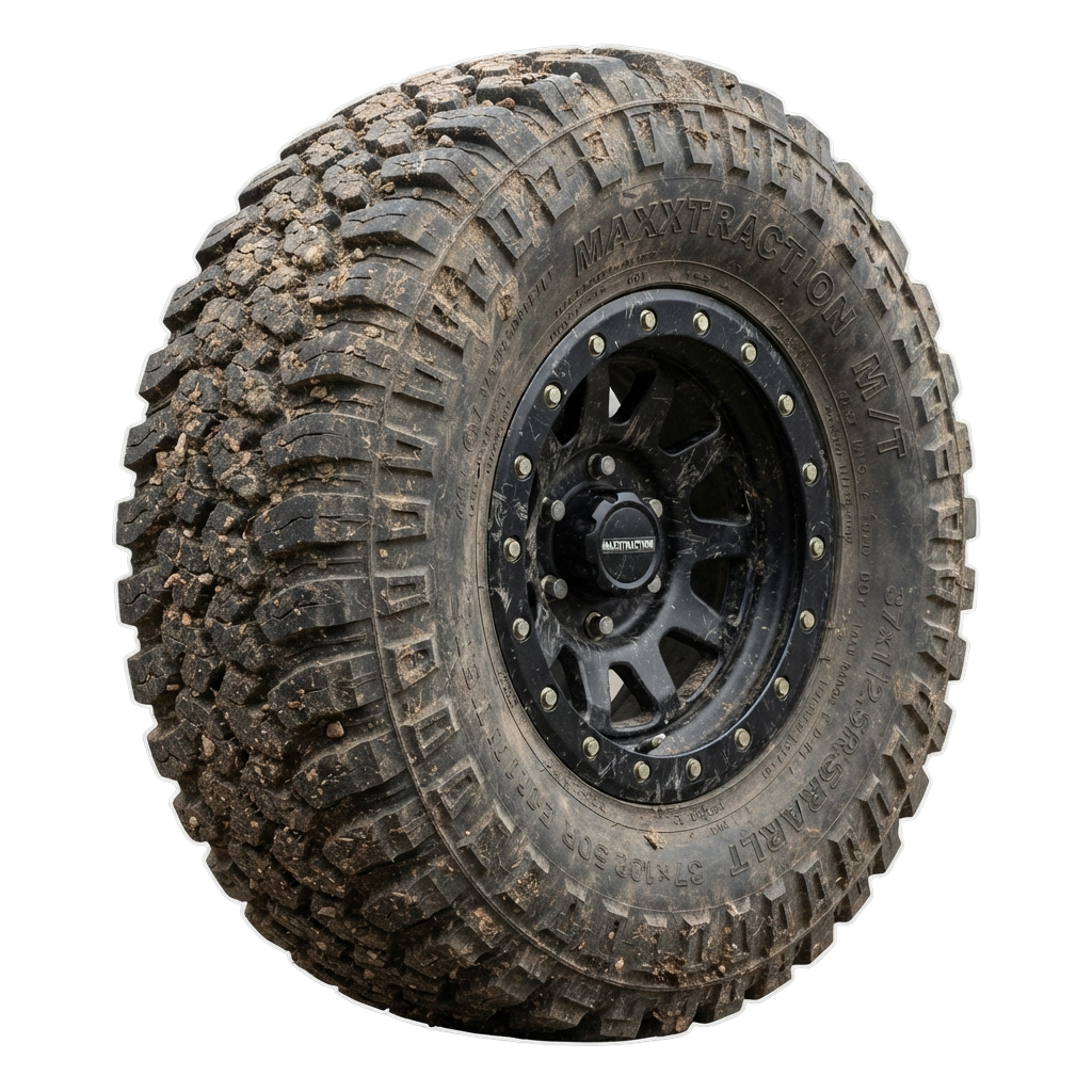 A mud-covered off-road tire with deep treads and a black alloy wheel against a dark background