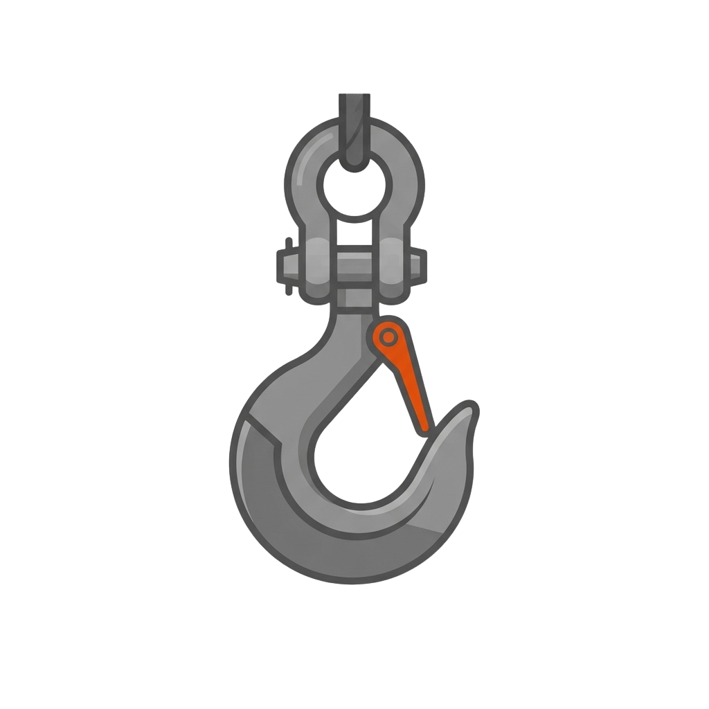 A gray metal hook latch with an orange safety latch mechanism attached to a crane hook