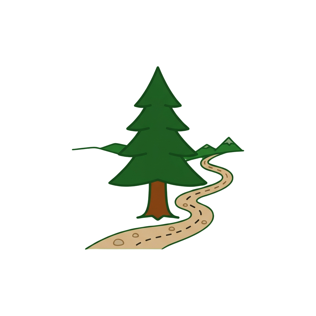A green cartoon Christmas tree beside a winding dirt path with small mountains in the background