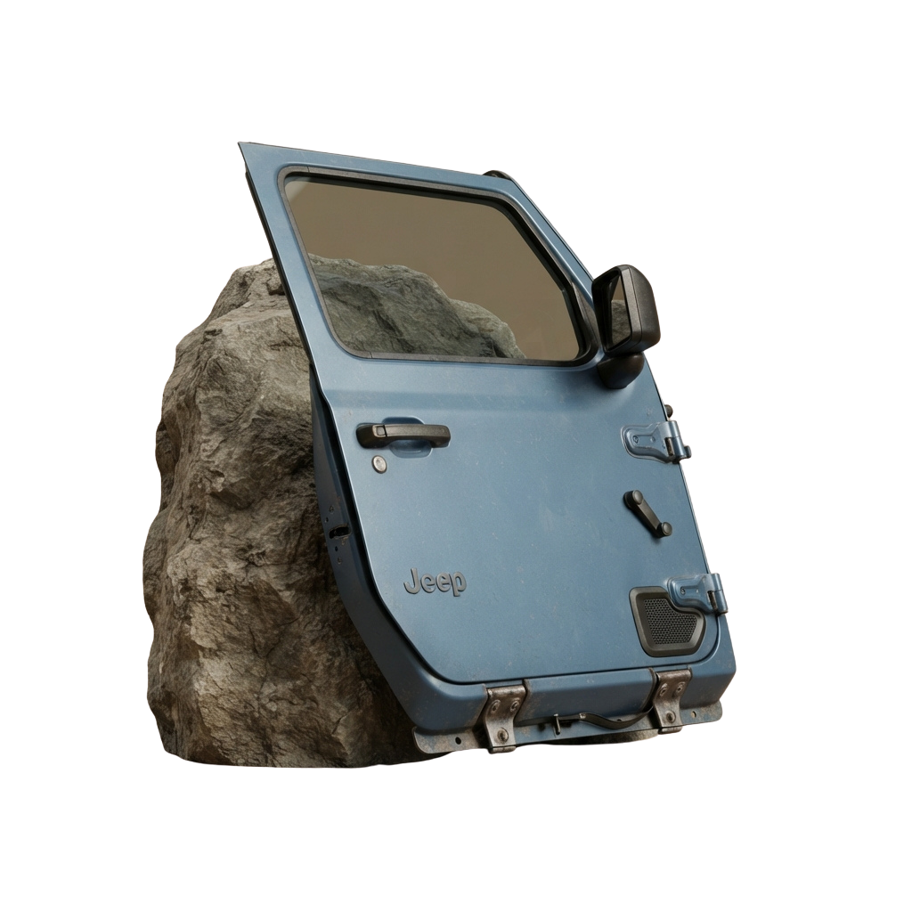 Blue off-road vehicle door open against a rocky background