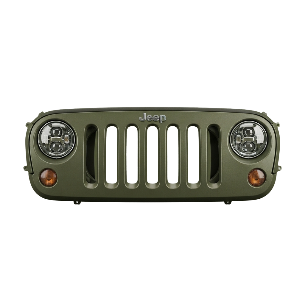 Green Jeep-style front bumper with vertical slats and round fog lights on each side