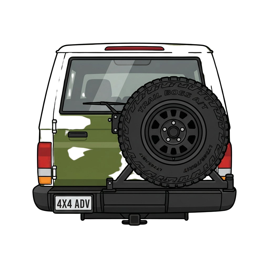 A green off-road SUV with large all-terrain tires and 4x4 ADV decals on the rear bumper