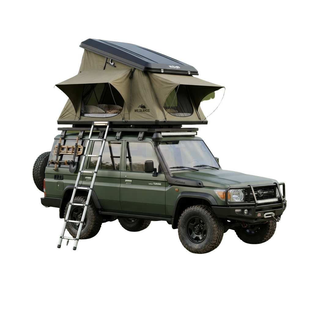 Green off-road vehicle equipped with a large roof tent and a ladder for access, parked against a dark background