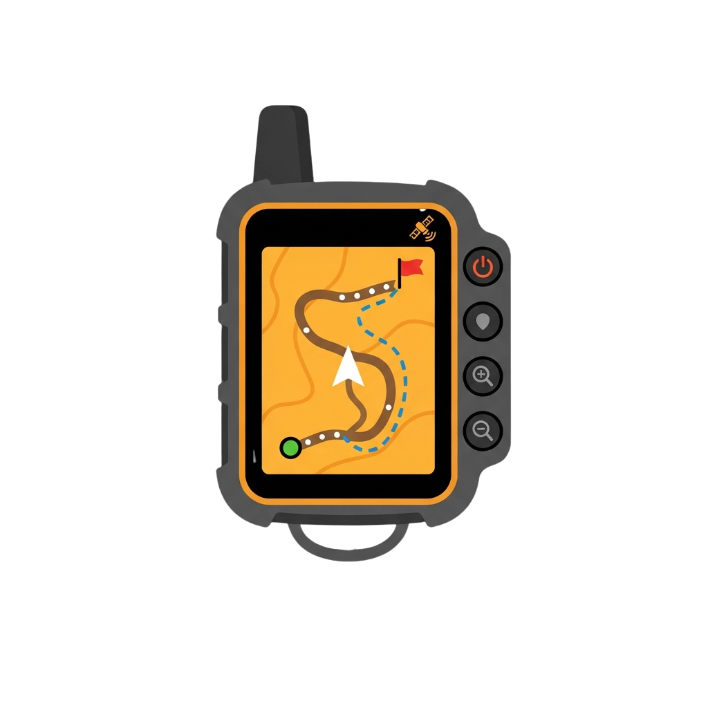 A GPS watch screen displaying a winding trail map with a directional arrow and route markers.