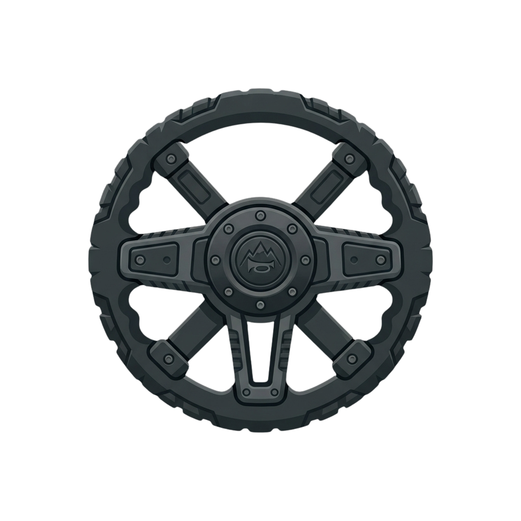 A rugged, textured off-road style steering wheel with five spokes and a central emblem