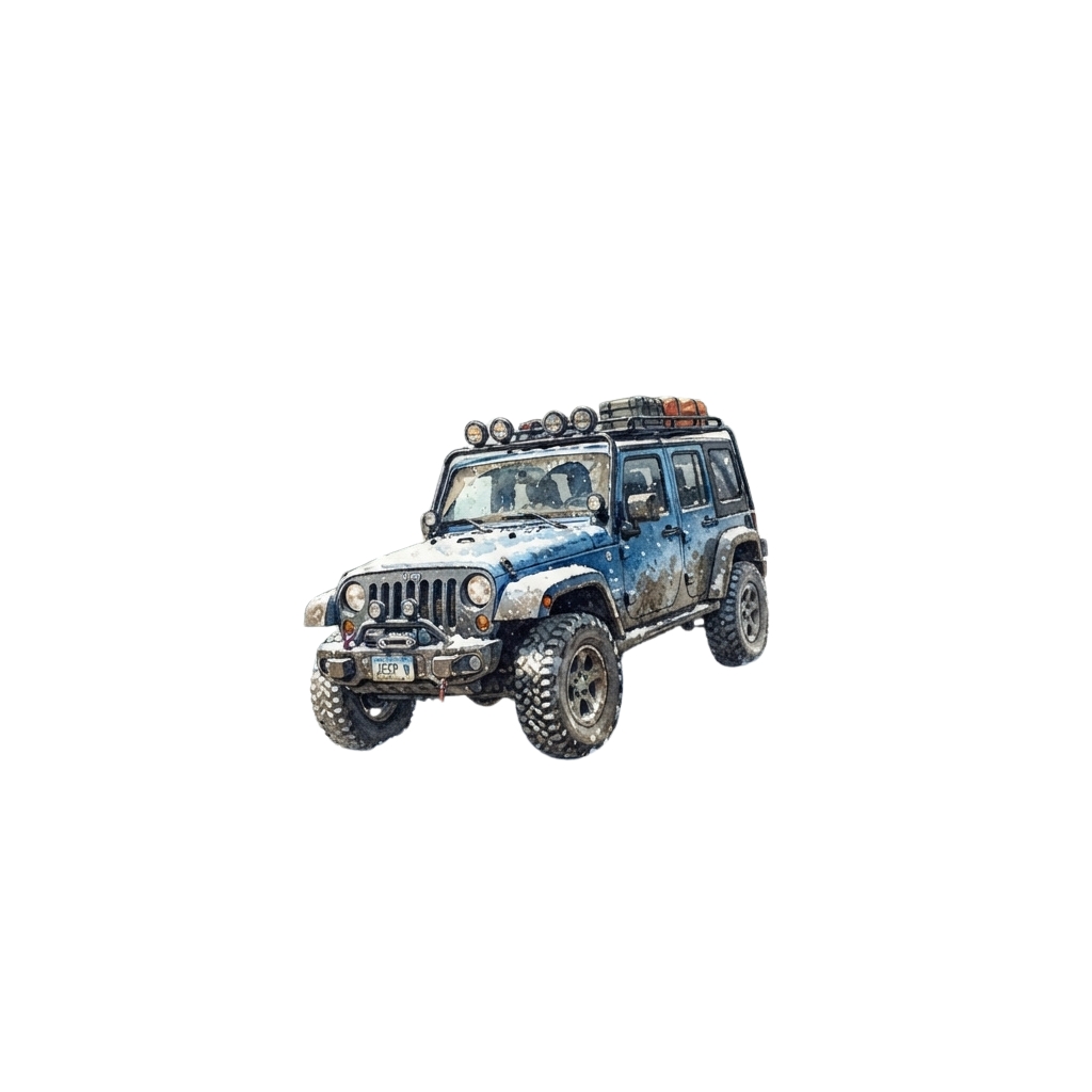 Blue off-road jeep with rugged tires, roof lights, and front bumper accessories against a dark background