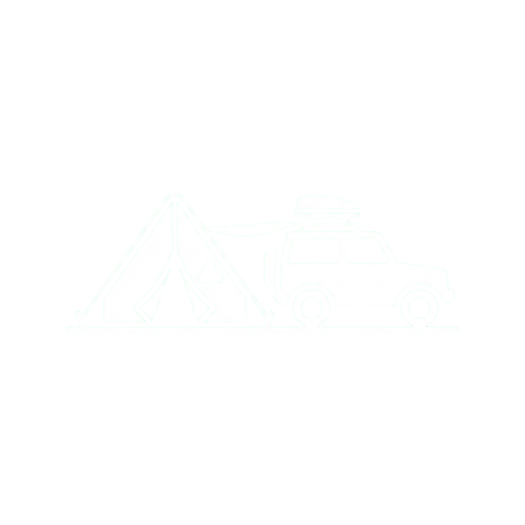 A white SUV with a roof box parked beside a pitched tent on a flat surface