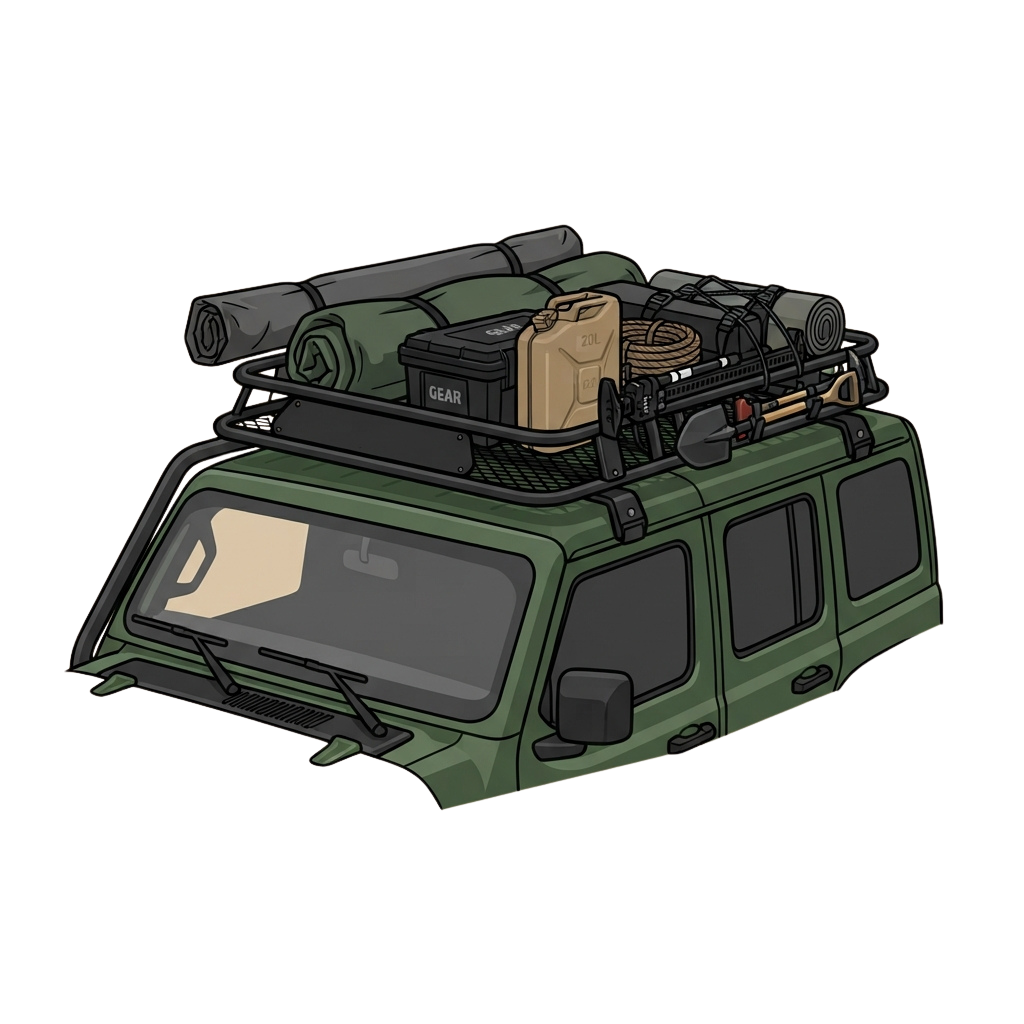 Illustration of a green military-style off-road vehicle with roof-mounted gear including a jerry can, tools, and rolled mats