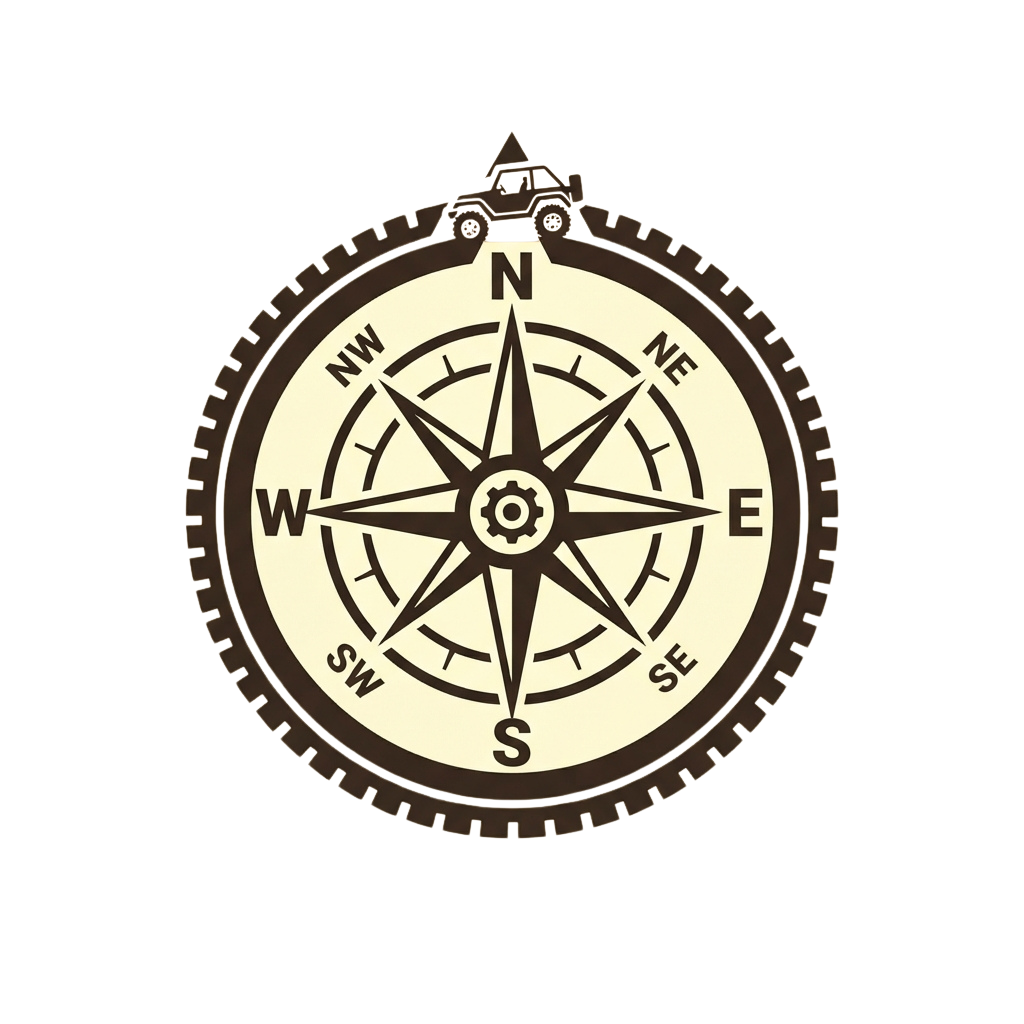 A vintage-style compass wheel with a military vehicle silhouette on top, showing directions N, S, E, W, NE, NW, SE, SW.