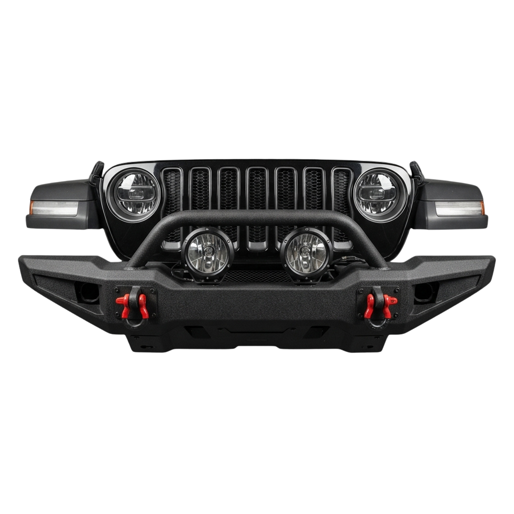 Front view of an off-road push bumper with integrated LED fog lights and a black grille on a vehicle