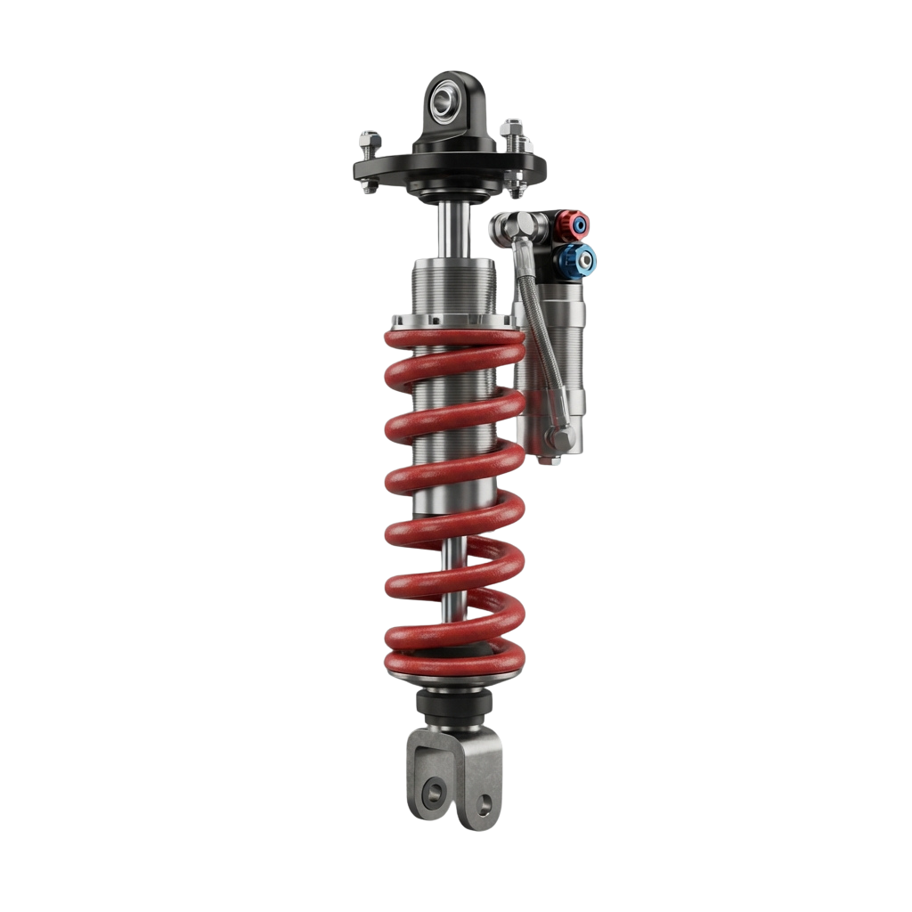 Close-up of a red coil spring paired with a shock absorber assembly on a black background