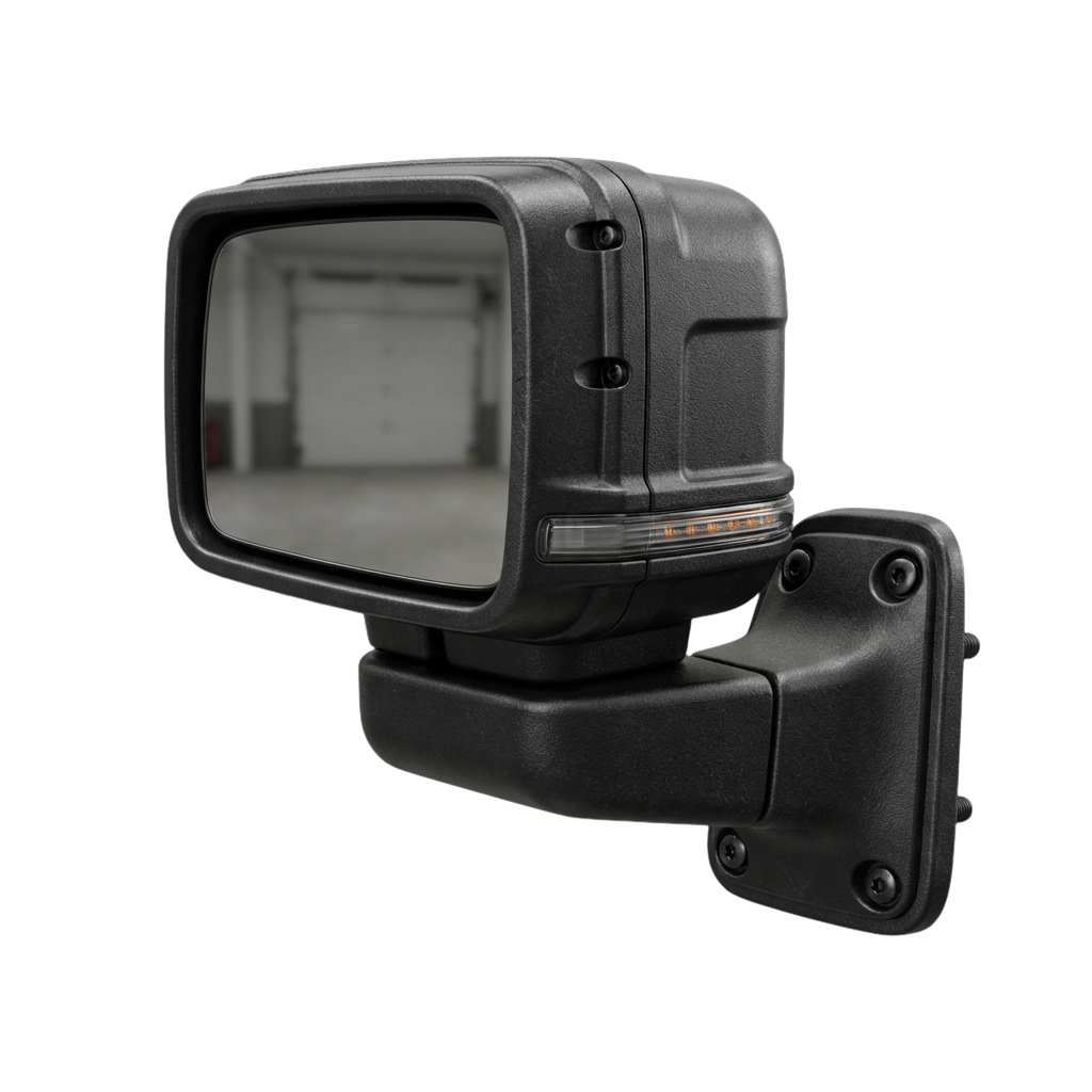 A black industrial floodlight mounted on a wall with a visible lens and status lights.