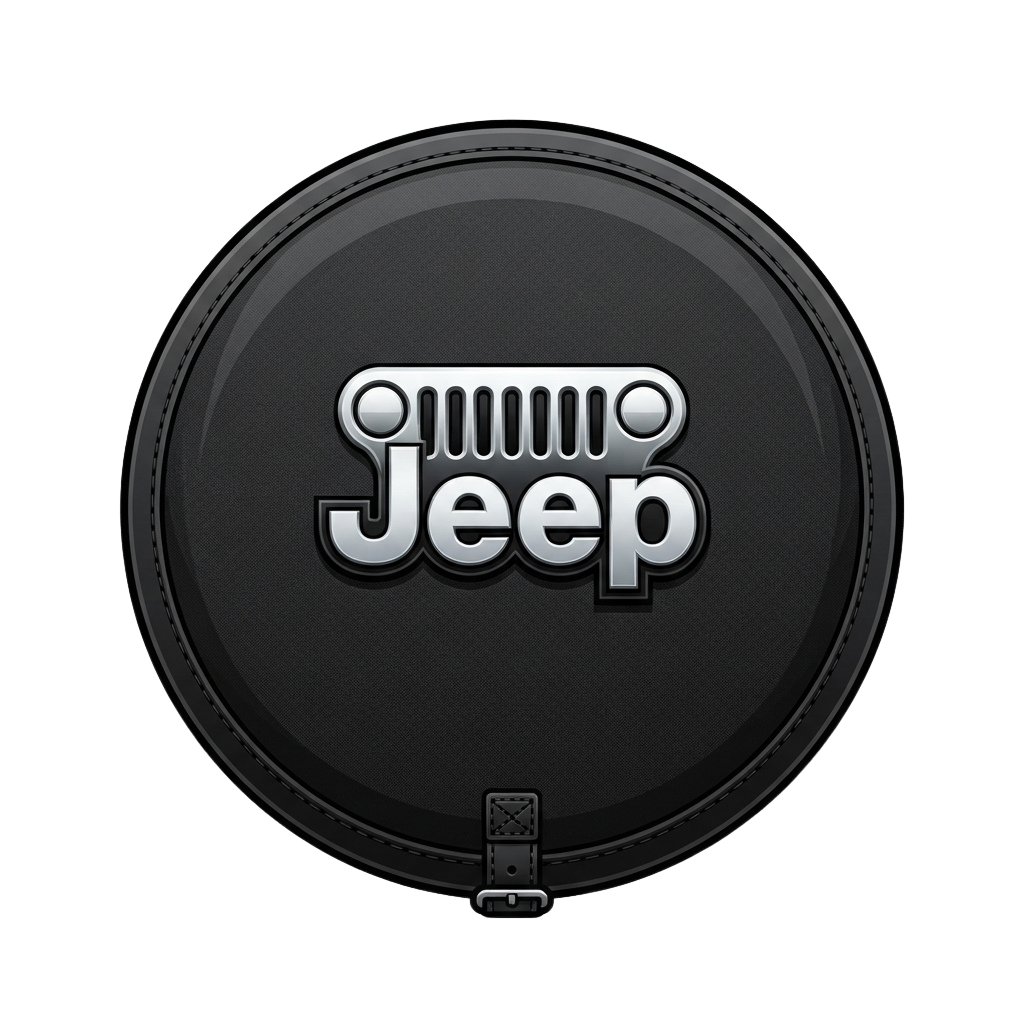 Close-up of a circular Jeep wheel emblem with a metallic finish and bold lettering