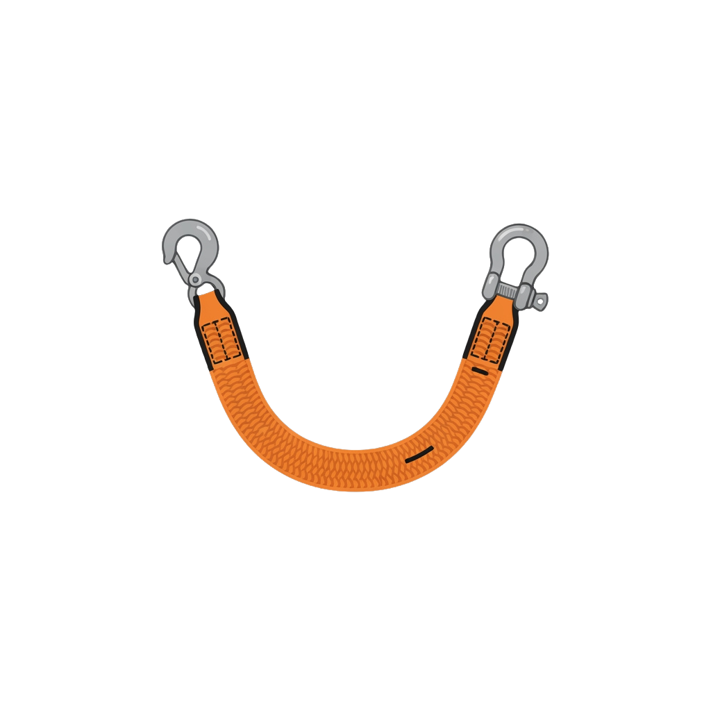 Bright orange tow strap with two metal hooks on each end