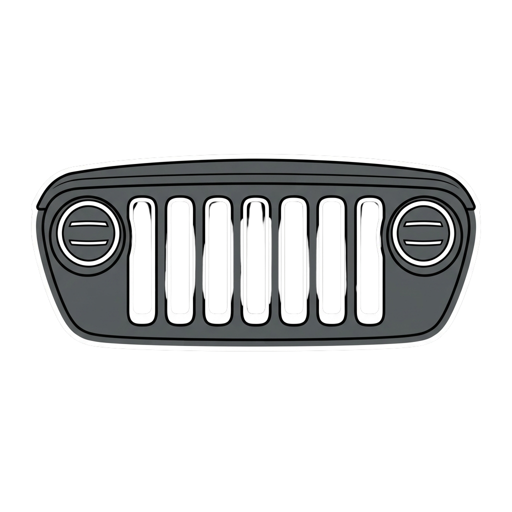 Illustration of a vintage car grille with vertical slats and circular side vents