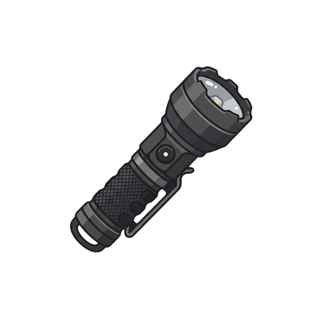 A sturdy flashlight with a textured grip and illuminated LED light at the top