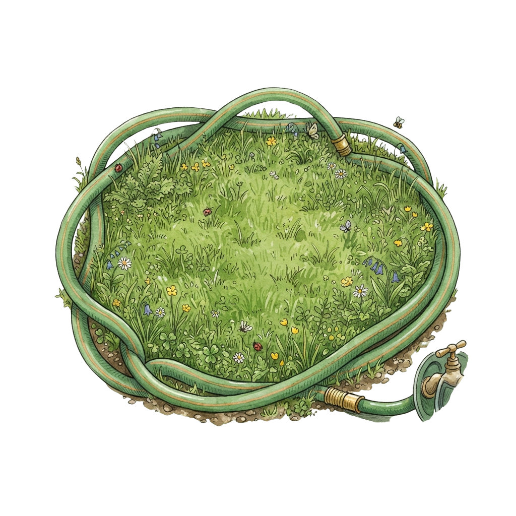 A circular meadow enclosed by a green hose with water flowing, surrounded by flowers and insects