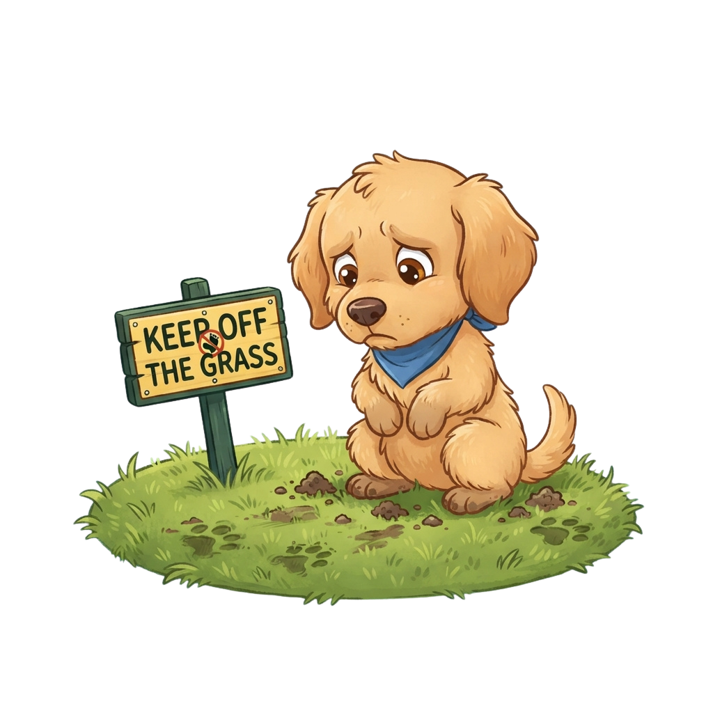 A small puppy sitting on grass next to a sign that says Keep Off the Grass with a crossed-out circle
