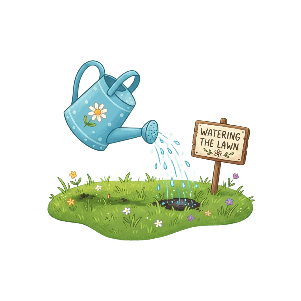 A blue watering can pouring water on green grass with a sign reading Watering the Lawn