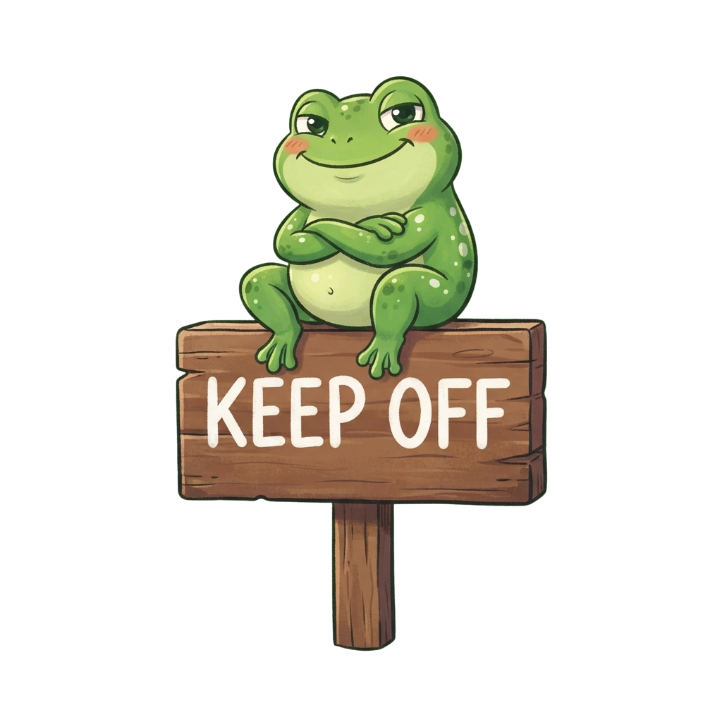 A cheerful green cartoon frog sitting with arms crossed on a wooden sign that says Keep Off