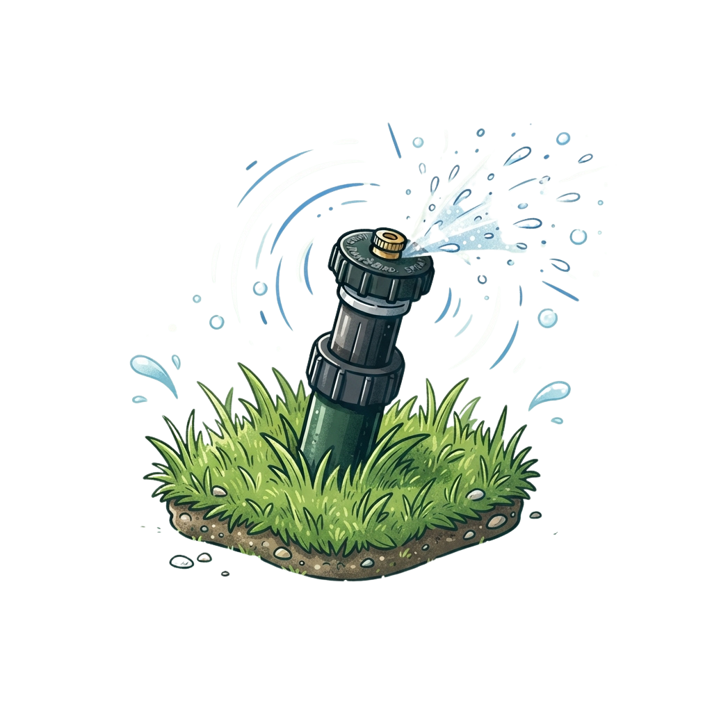 Illustration of a sprinkler head spraying water onto green grass