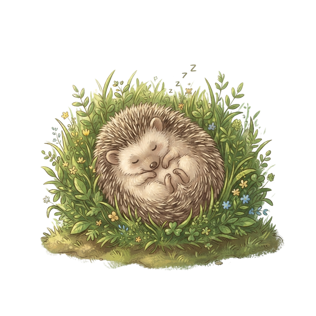 A cute hedgehog curled up and sleeping surrounded by green foliage and small flowers