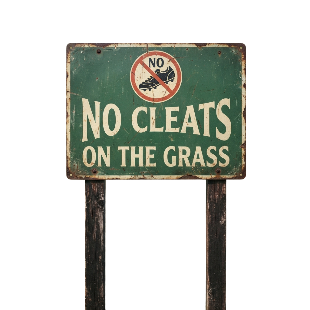 Green sign prohibiting cleats on grass with a crossed-out shoe icon