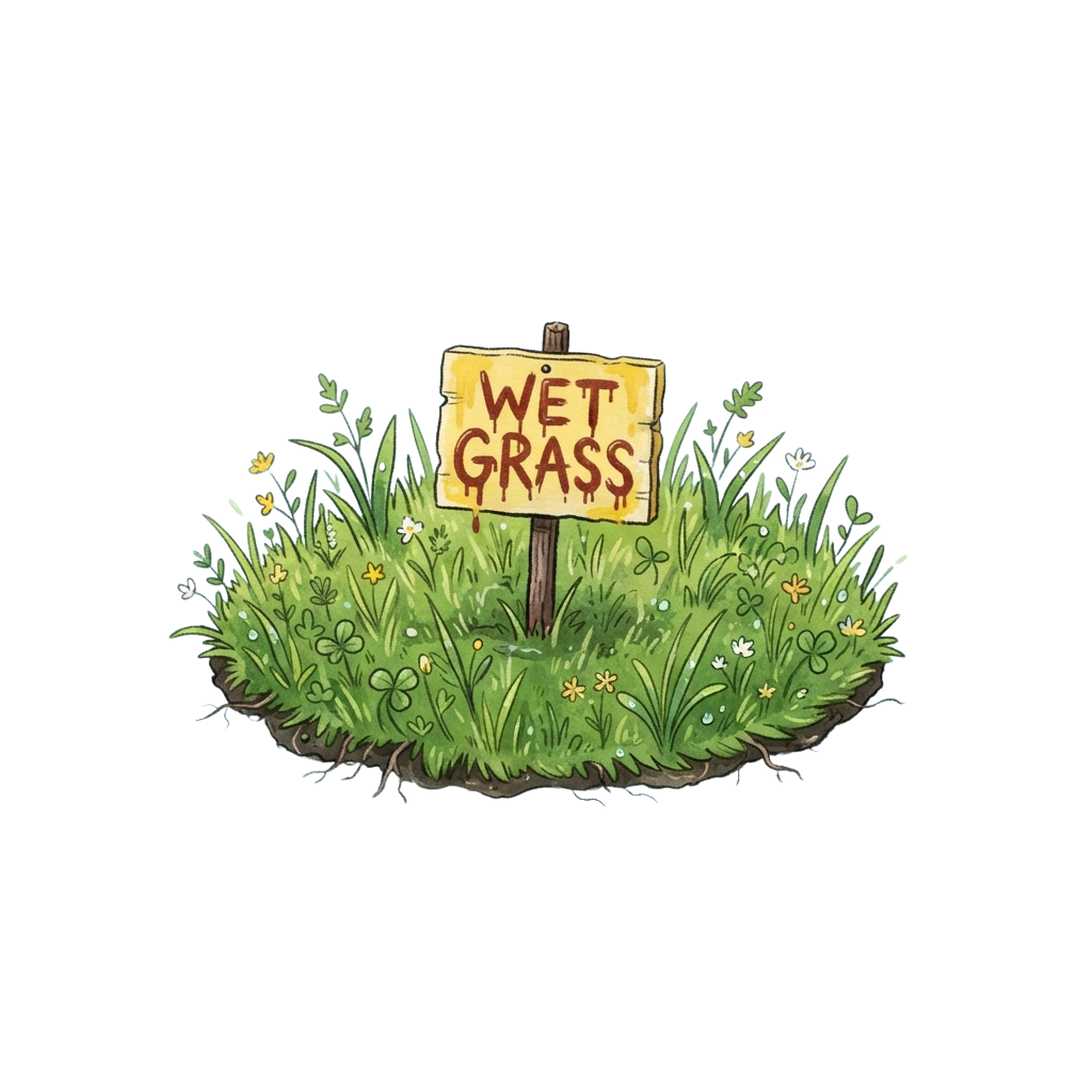 Illustration of a yellow wet grass warning sign in a patch of green grass with clover and small flowers
