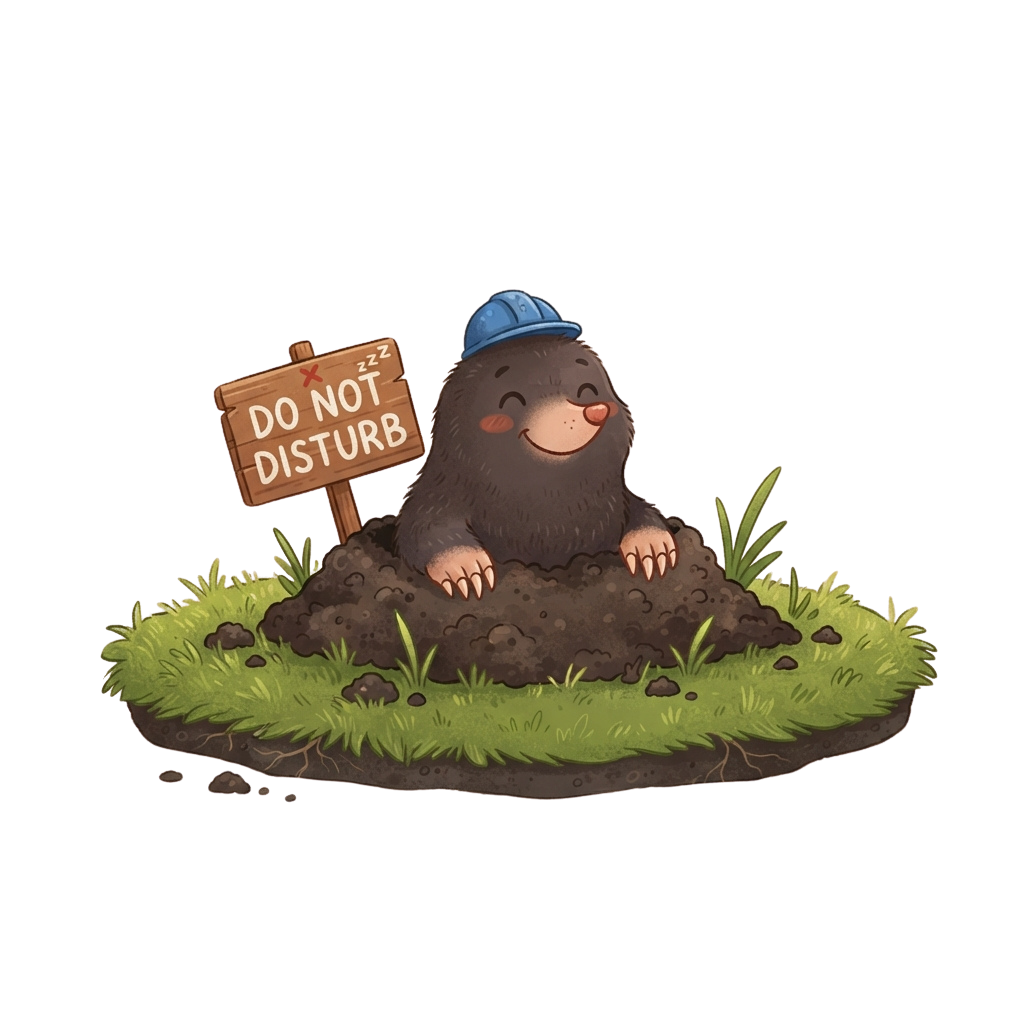A smiling mole in a blue cap sitting in its burrow with a do not disturb sign next to it