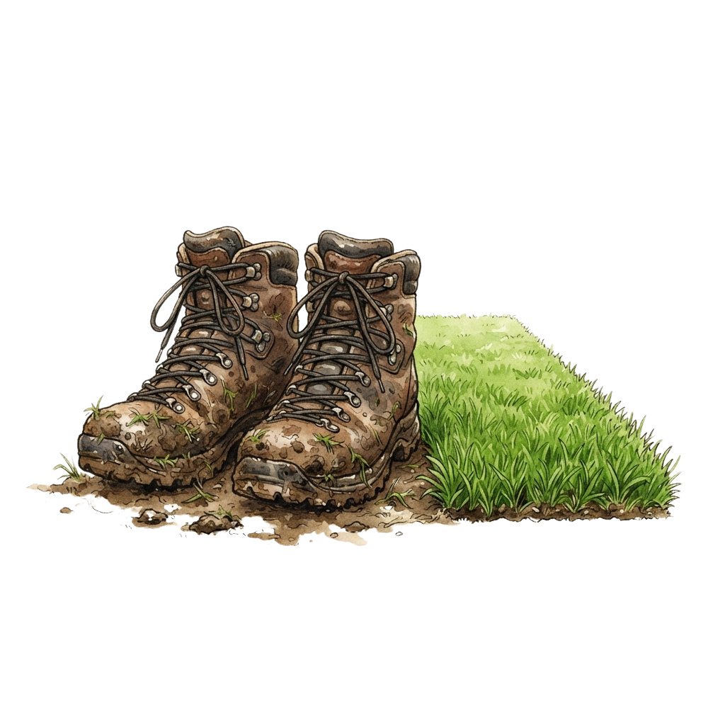 Two worn hiking boots standing on a patch of green grass next to dirt.