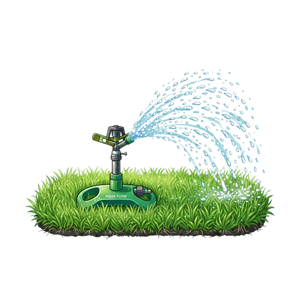 A sprinkler head spraying water in a wide arc over a patch of green grass