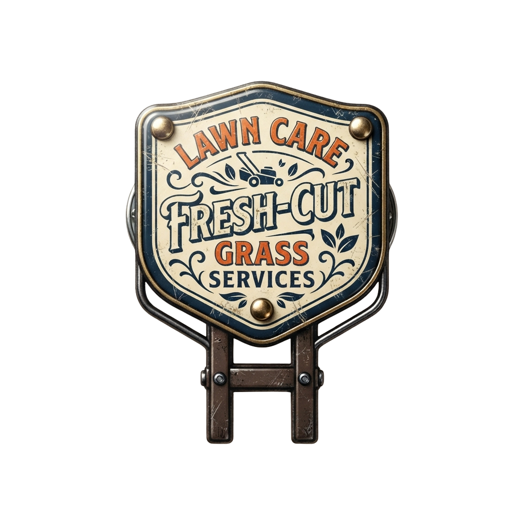 Vintage metal sign for lawn care services featuring fresh-cut grass illustration and text
