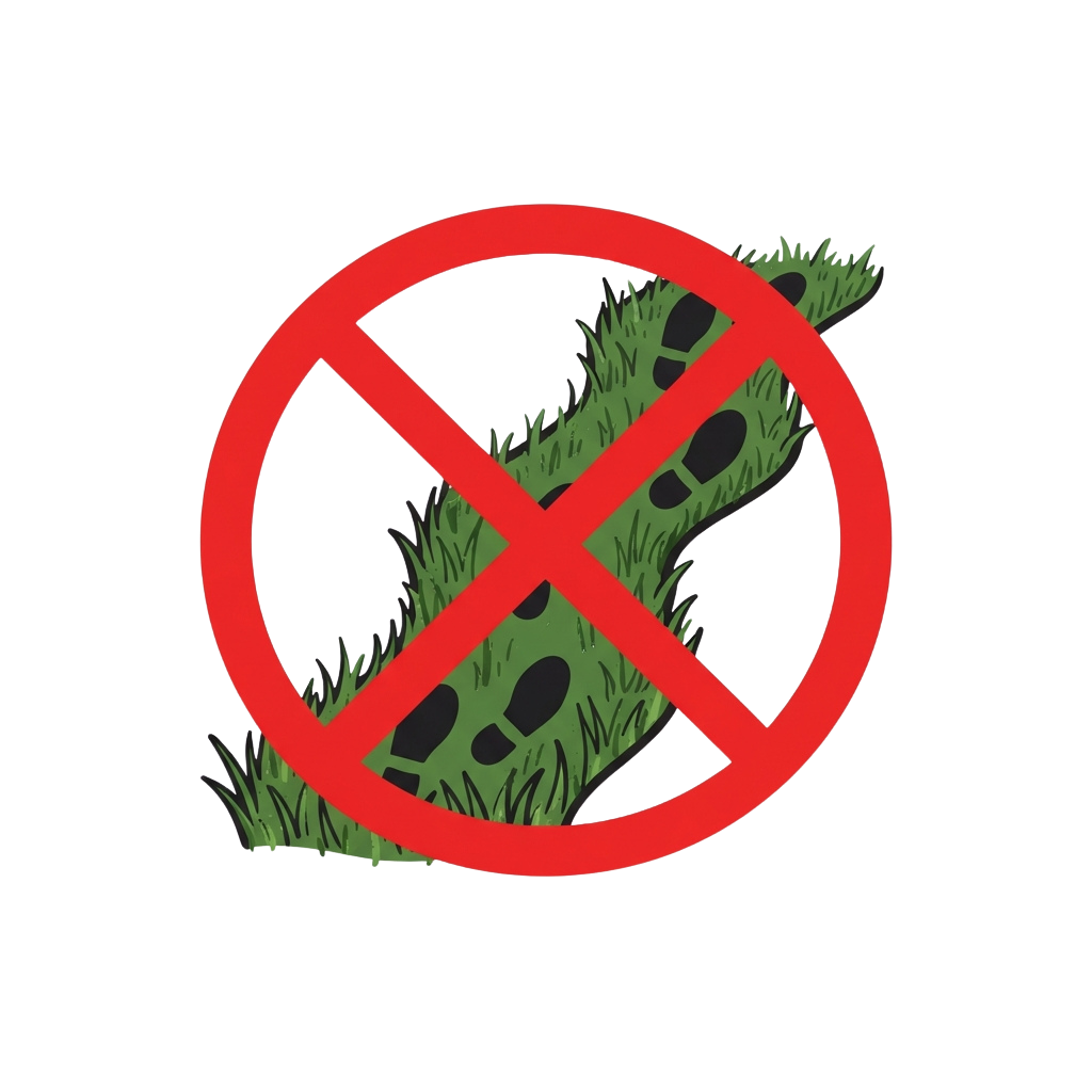 Red prohibition symbol over green grass with footprints indicating no walking allowed