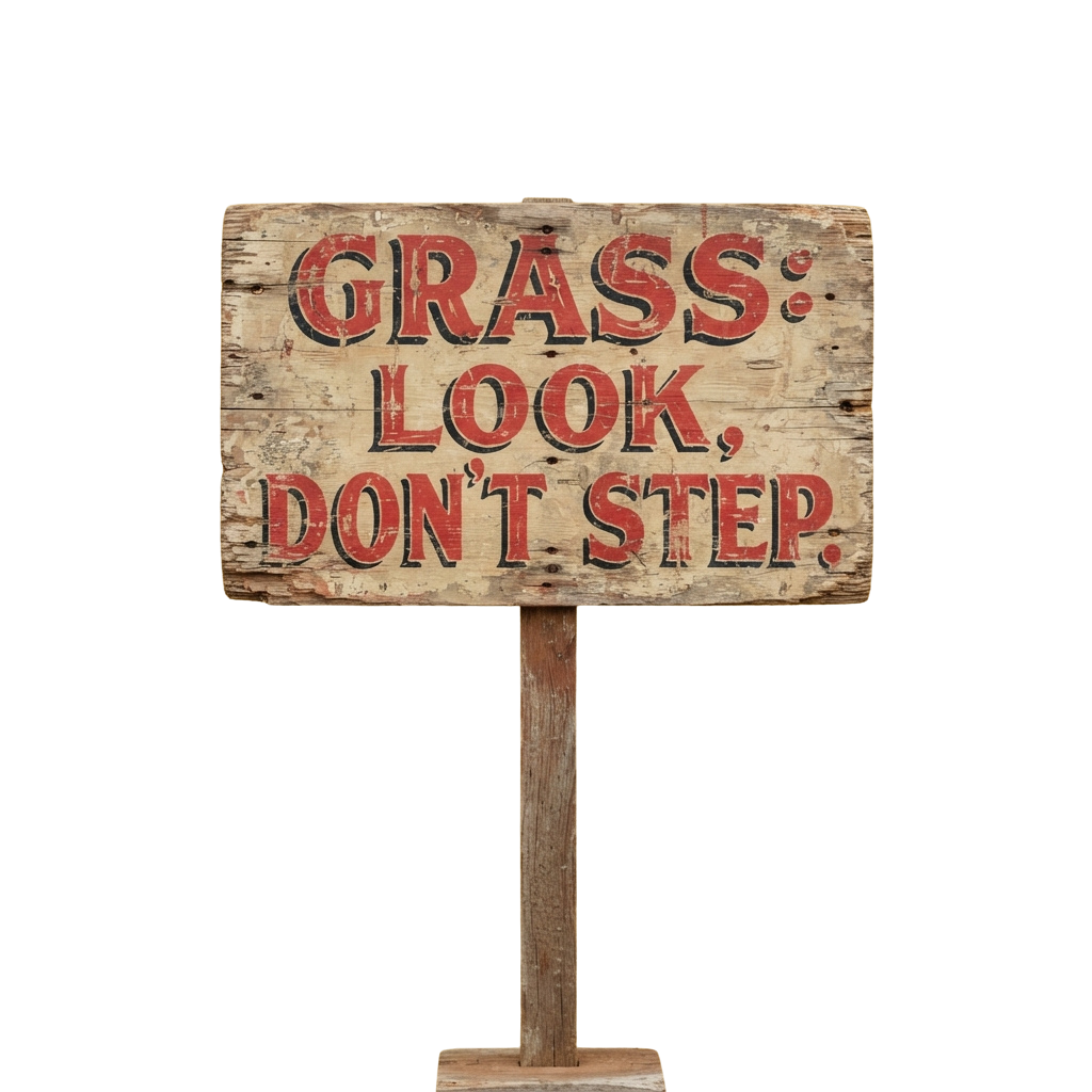 A rustic wooden sign with red painted text reading Grass Look Dont Step on a black background