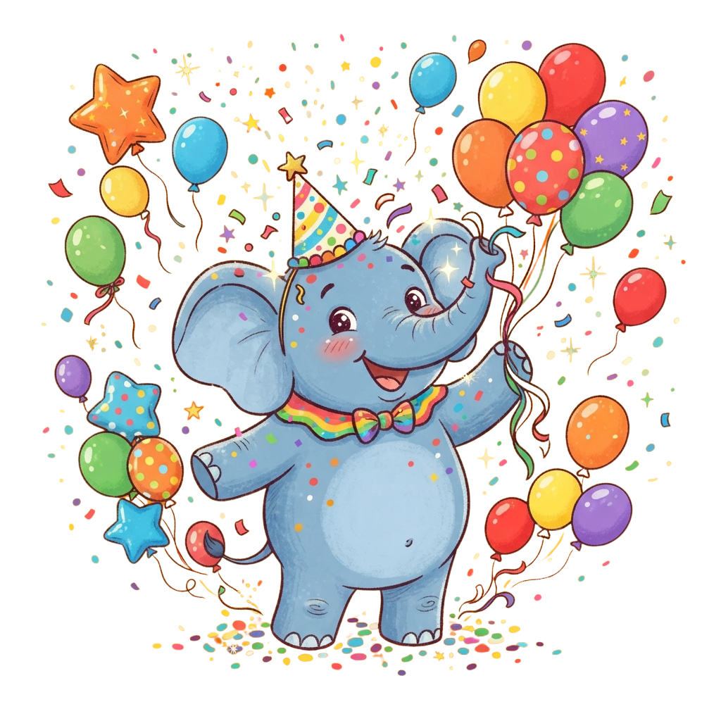 A cheerful cartoon elephant wearing a party hat and bow tie, holding colorful balloons and stars.