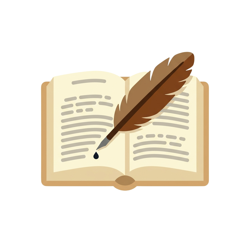 An open book with a quill pen writing on a blank page, feather resting on the page.