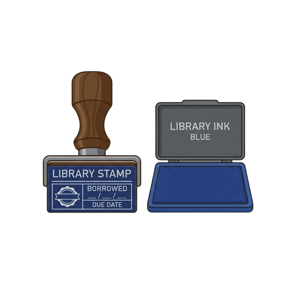 Library stamp with brown handle and blue ink pad labeled Library Ink Blue, showing Borrowed and Due Date stamp design