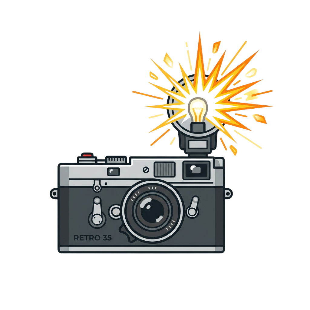 A vintage-style film camera labeled Retro 35 with a lightbulb exploding above it, symbolizing a creative idea or inspiration.
