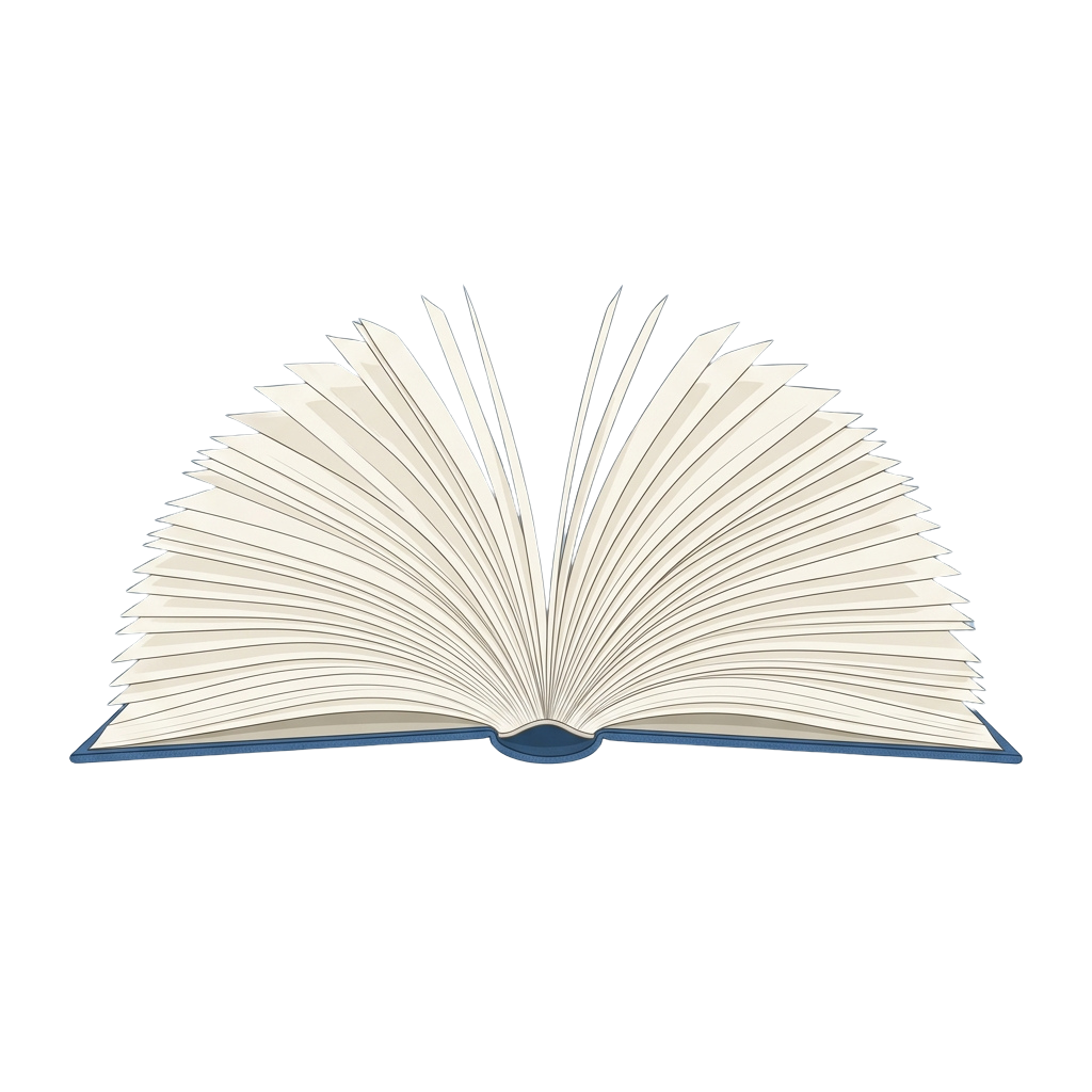 An open book with blank white pages and a blue spine visible against a black background