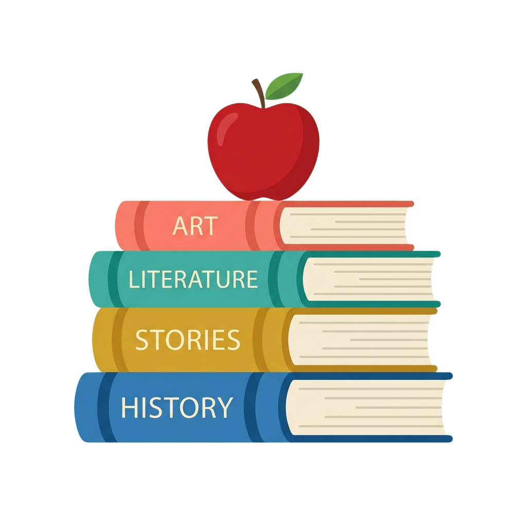 A red apple on top of four books labeled Art, Literature, Stories, and History