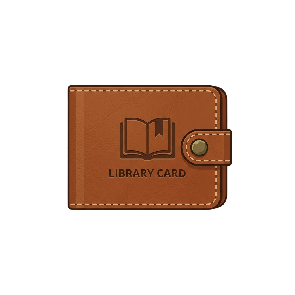A brown leather wallet with a graphic of an open book and text reading Library Card
