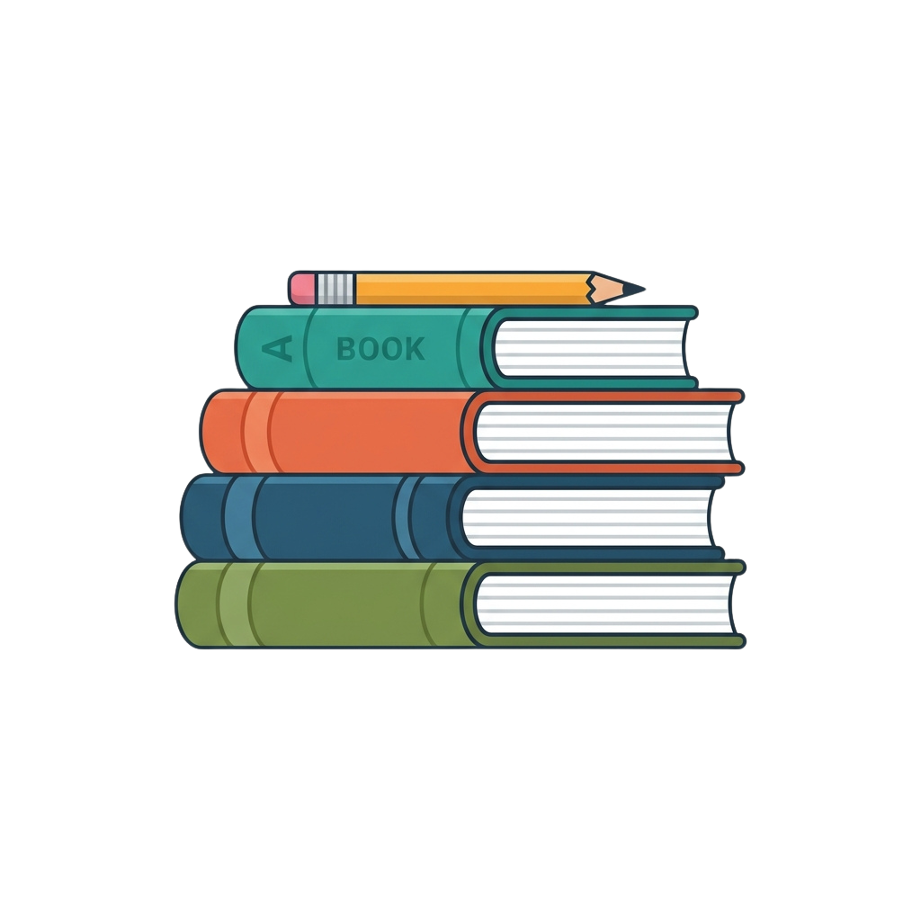 Illustration of four colorful books stacked with two pencils on top