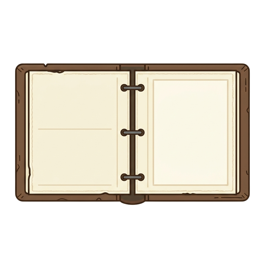 An open blank notebook with a brown cover and three metal fasteners holding the pages together