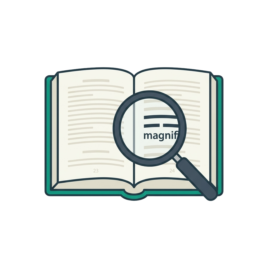 An open book with a magnifying glass focusing on the word magnification
