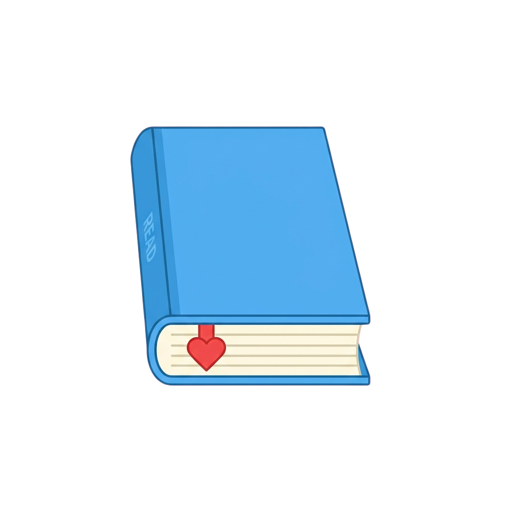 A blue book with a red heart-shaped bookmark on the corner of a page.